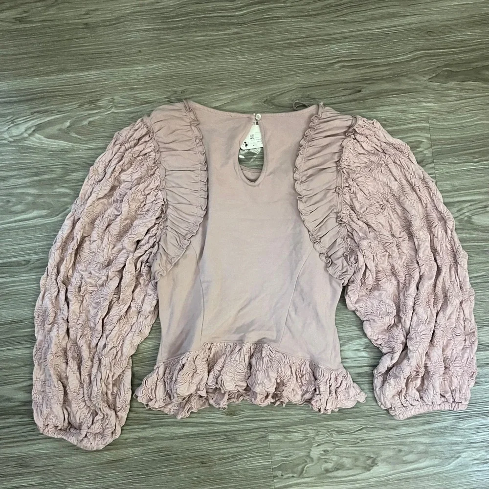 Free People Intimately Lavender Ruffle Textured Puff Sleeve Top OB2091945 S